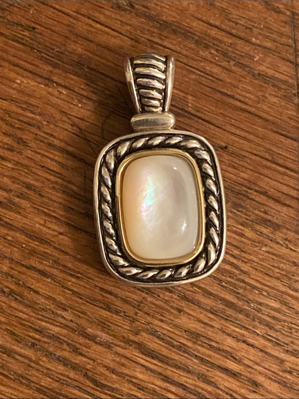 Mother of Pearl Two Tone Sterling Silver & 14K Gold Trim Pendant Vintage!